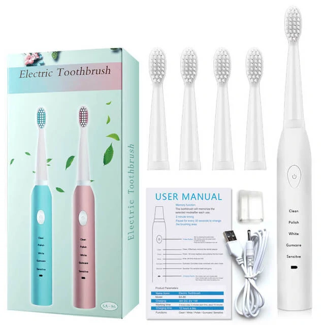 (image for) IPX7 Ultrasonic Electric Toothbrush 5 Modes USB Rechargeable Sonic Automatic Teeth Cleaner with 4 Brush Heads